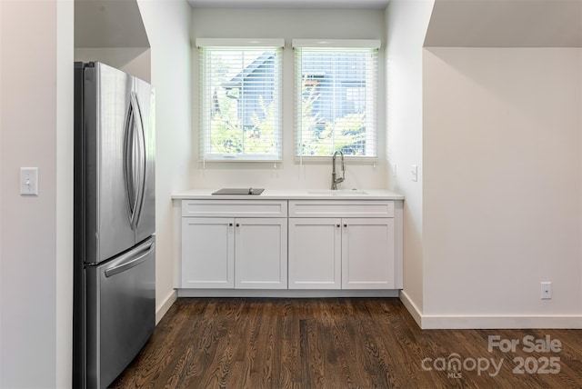 12 Fay Jones Ln, Black Mountain, NC 28711 - kitchen featuring freestanding refrigerator, dark wood-style flooring, light countertops, and white cabinets