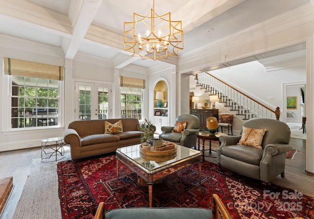 2324 Kingsmill Ter, Charlotte, NC 28270 - living area with stairway, beamed ceiling, wood finished floors, french doors, and a chandelier