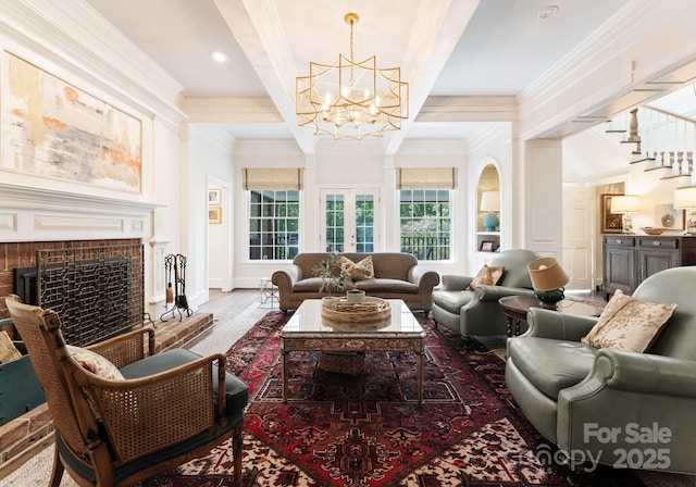 2324 Kingsmill Ter, Charlotte, NC 28270 - living area with a chandelier, crown molding, a fireplace, beamed ceiling, and coffered ceiling