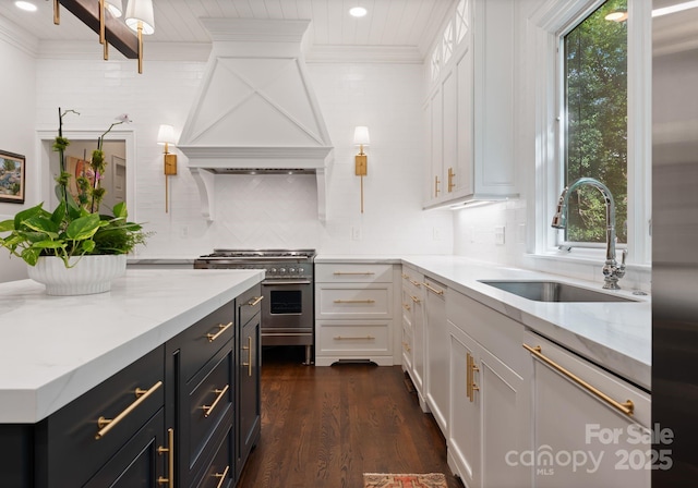2324 Kingsmill Ter, Charlotte, NC 28270 - kitchen featuring double oven range, white dishwasher, white cabinetry, crown molding, and recessed lighting
