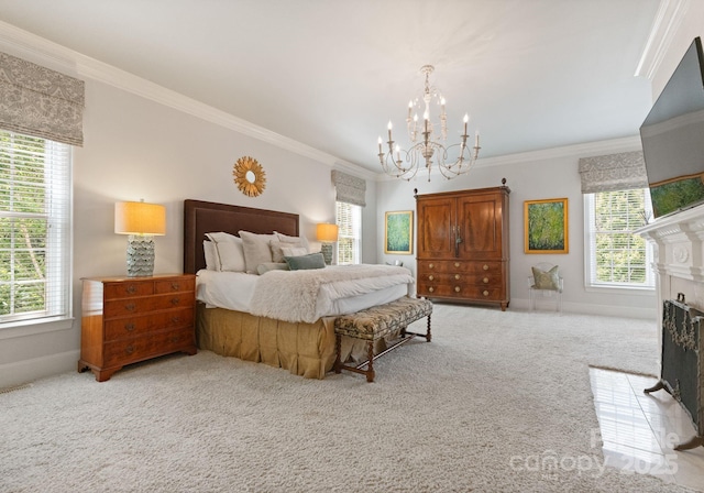 2324 Kingsmill Ter, Charlotte, NC 28270 - bedroom featuring a chandelier, carpet floors, ornamental molding, and a fireplace