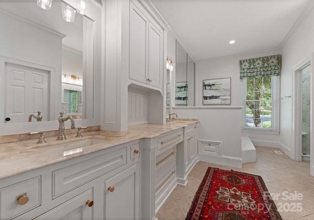 2324 Kingsmill Ter, Charlotte, NC 28270 - bathroom featuring ornamental molding, tile patterned floors, double vanity, and recessed lighting