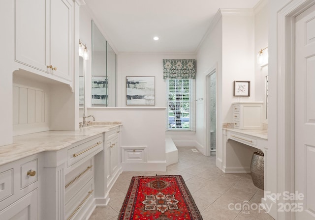 2324 Kingsmill Ter, Charlotte, NC 28270 - full bath with tile patterned flooring, vanity, ornamental molding, recessed lighting, and a tub to relax in