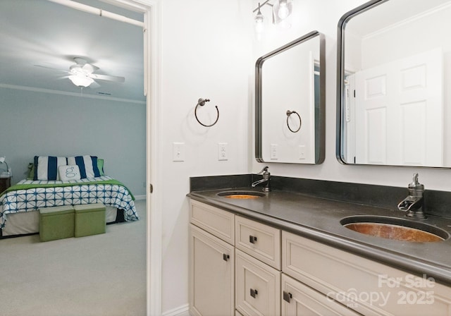 2324 Kingsmill Ter, Charlotte, NC 28270 - ensuite bathroom with ornamental molding, double vanity, and a ceiling fan