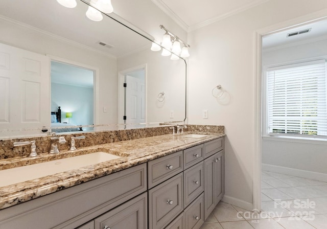 2324 Kingsmill Ter, Charlotte, NC 28270 - ensuite bathroom with double vanity, ornamental molding, and tile patterned floors