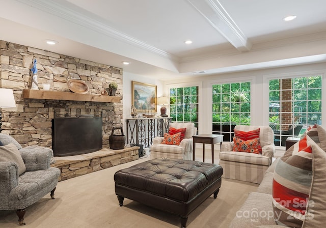 2324 Kingsmill Ter, Charlotte, NC 28270 - living room with ornamental molding, recessed lighting, carpet, a fireplace, and beam ceiling