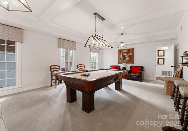 2324 Kingsmill Ter, Charlotte, NC 28270 - recreation room featuring light carpet, pool table, crown molding, and beam ceiling