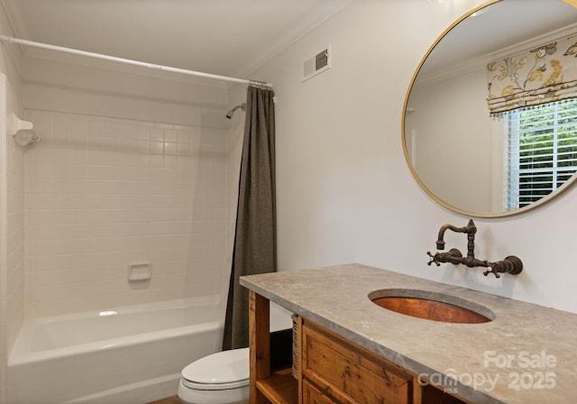 2324 Kingsmill Ter, Charlotte, NC 28270 - bathroom featuring crown molding, vanity, and shower / bath combination with curtain