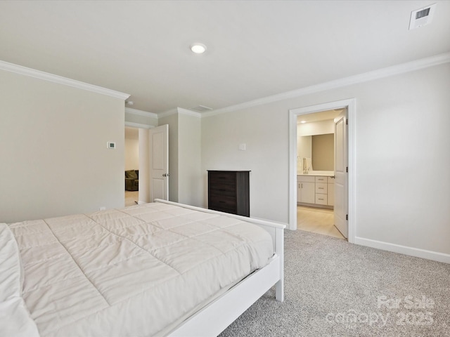 835 Windage Way, Pineville, NC 28134 - bedroom featuring ornamental molding, light colored carpet, and ensuite bathroom
