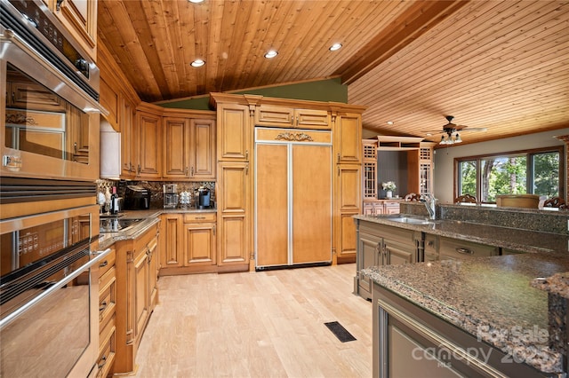 2045 Hogback Mountain Rd, Tryon, NC 28782 - kitchen with appliances with stainless steel finishes, wood ceiling, recessed lighting, light wood finished floors, and lofted ceiling
