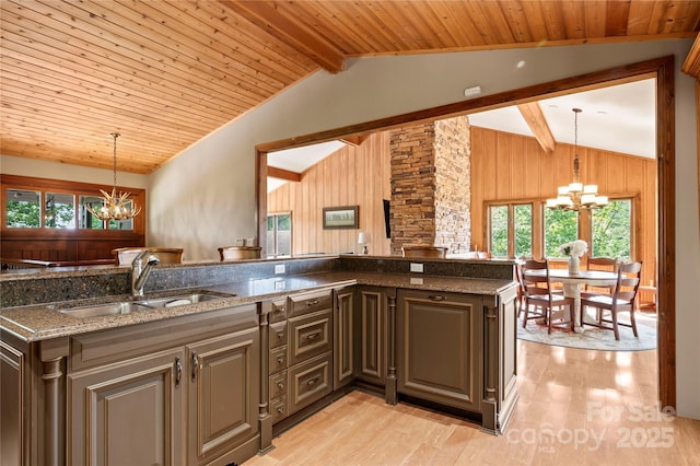 2045 Hogback Mountain Rd, Tryon, NC 28782 - kitchen featuring a chandelier, healthy amount of natural light, light wood-style floors, wood walls, and wooden ceiling
