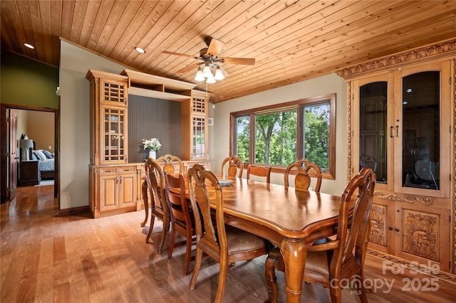 2045 Hogback Mountain Rd, Tryon, NC 28782 - dining area featuring wooden ceiling, light wood-style floors, a ceiling fan, and recessed lighting