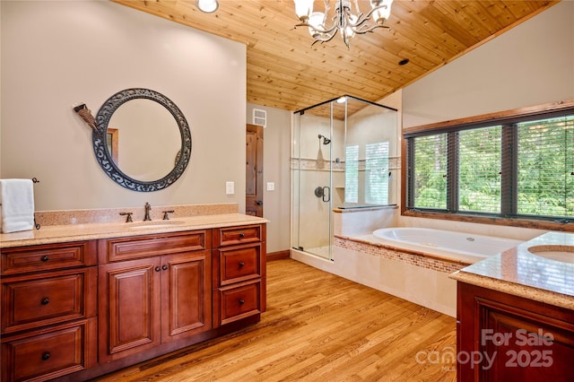 2045 Hogback Mountain Rd, Tryon, NC 28782 - bathroom featuring vanity, a chandelier, a stall shower, a bath, and wood finished floors