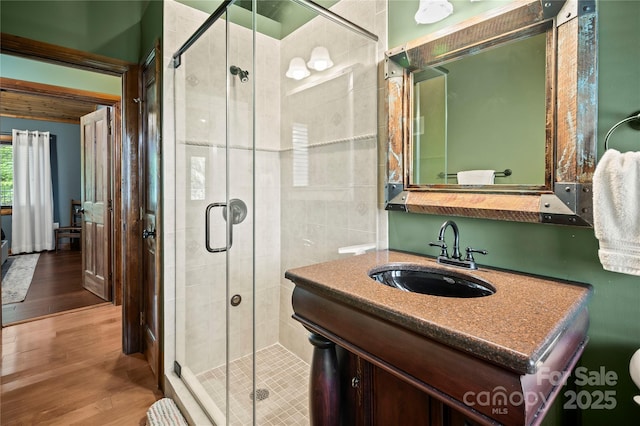 2045 Hogback Mountain Rd, Tryon, NC 28782 - full bath featuring a shower stall, wood finished floors, and vanity