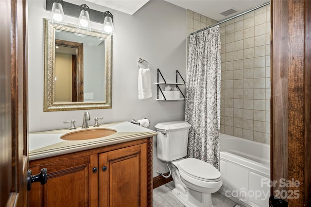 2045 Hogback Mountain Rd, Tryon, NC 28782 - bathroom with vanity, shower / bathtub combination with curtain, and tile patterned flooring