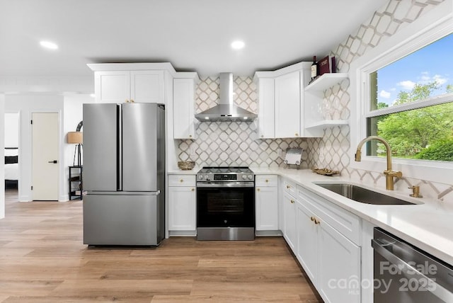 1426 Larkfield Ln, Charlotte, NC 28210 - kitchen featuring stainless steel appliances, wall chimney range hood, backsplash, light countertops, and white cabinets