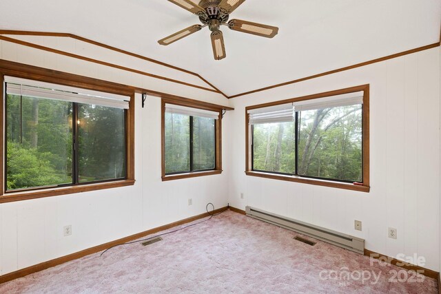 108 Deer Run Rd, Mills River, NC 28759 - spare room with vaulted ceiling, a baseboard heating unit, carpet flooring, and ceiling fan