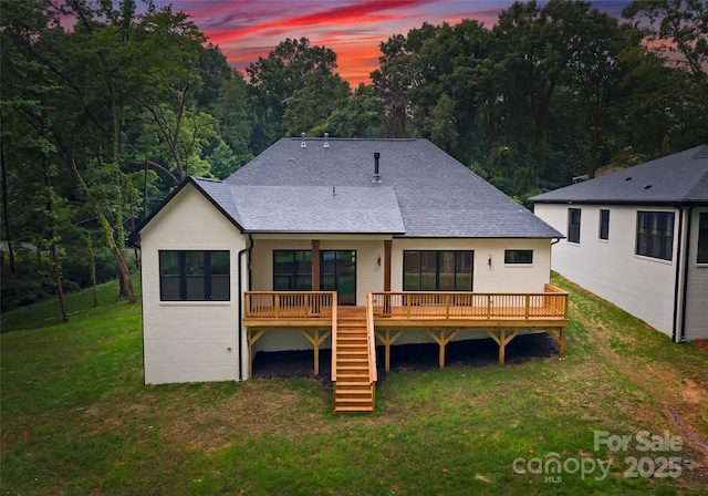 1622 Burtonwood Cir, Charlotte, NC 28212 - rear view of house with stairs, a wooden deck, a lawn, and a shingled roof