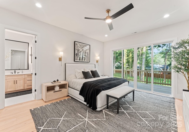 1622 Burtonwood Cir, Charlotte, NC 28212 - bedroom with access to exterior, light wood-style floors, ensuite bathroom, recessed lighting, and ceiling fan