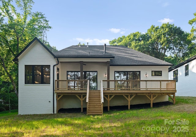 1622 Burtonwood Cir, Charlotte, NC 28212 - back of property featuring a deck, a ceiling fan, stairway, and a shingled roof