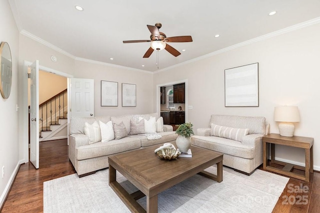 205 Rosedale Ln, Matthews, NC 28105 - living room with wood finished floors, ceiling fan, recessed lighting, stairs, and crown molding