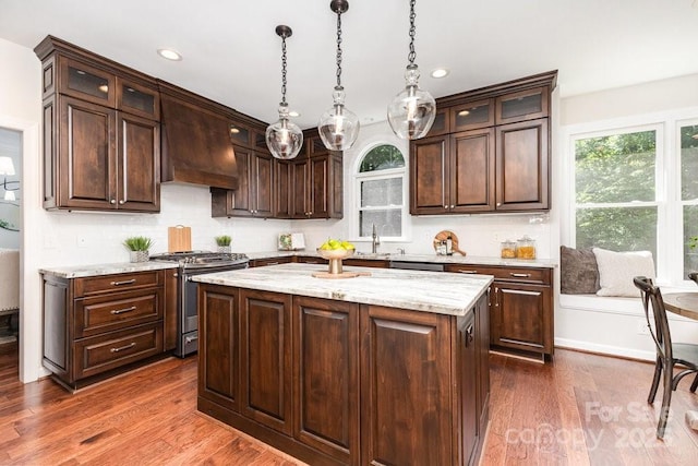 205 Rosedale Ln, Matthews, NC 28105 - kitchen featuring stainless steel appliances, dark wood finished floors, custom exhaust hood, decorative light fixtures, and a kitchen island
