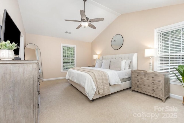 205 Rosedale Ln, Matthews, NC 28105 - bedroom with lofted ceiling, light carpet, and ceiling fan