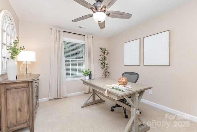 205 Rosedale Ln, Matthews, NC 28105 - home office with light carpet, a ceiling fan, and healthy amount of natural light