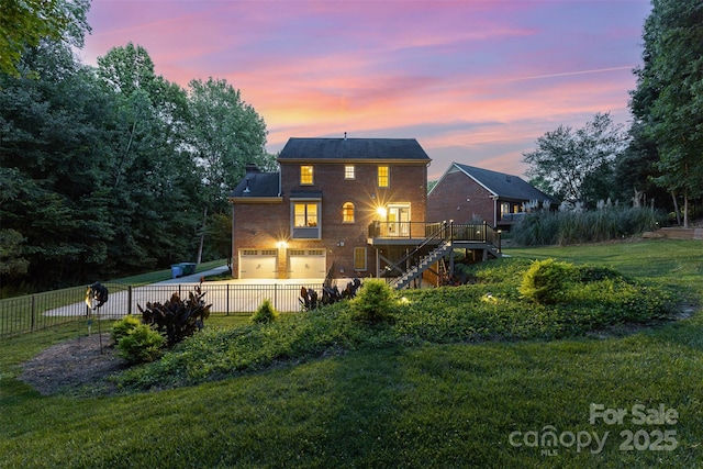 205 Rosedale Ln, Matthews, NC 28105 - back of house with stairs, brick siding, a garage, a wooden deck, and a chimney