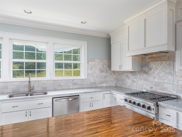3355 Thickety Rd, Clyde, NC 28721 - kitchen featuring dishwasher, stove, premium range hood, ornamental molding, and tasteful backsplash