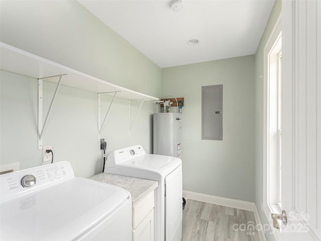 3355 Thickety Rd, Clyde, NC 28721 - laundry area featuring electric panel, water heater, independent washer and dryer, light wood-style flooring, and cabinet space