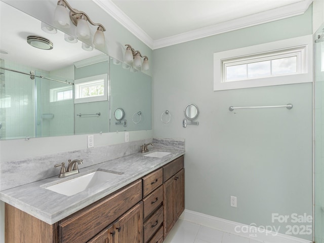 3355 Thickety Rd, Clyde, NC 28721 - full bath featuring crown molding, double vanity, a shower, and tile patterned floors