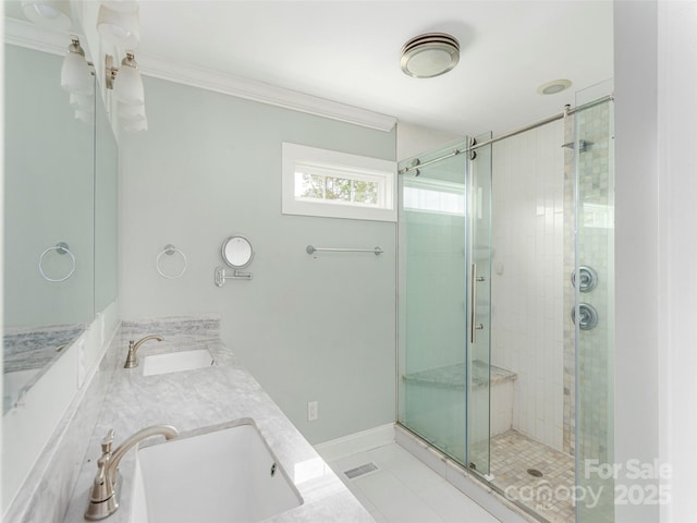 3355 Thickety Rd, Clyde, NC 28721 - full bath with a stall shower, double vanity, crown molding, and tile patterned floors
