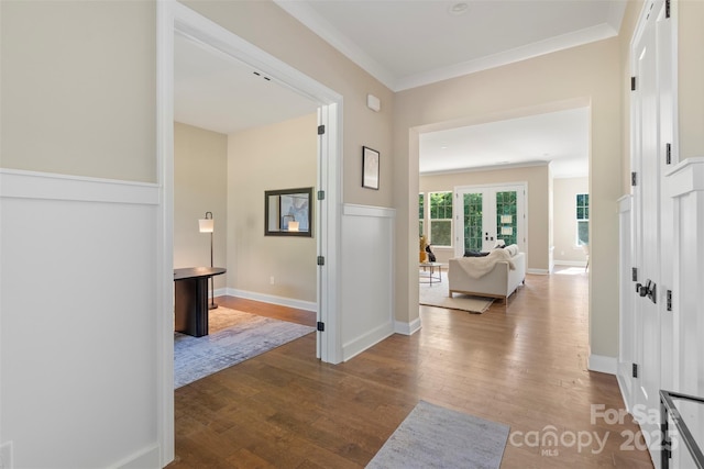 8680 Sherrills Ford Rd, Sherrills Ford, NC 28673 - hallway featuring dark wood finished floors, ornamental molding, and french doors