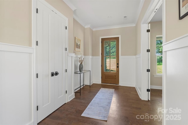 8680 Sherrills Ford Rd, Sherrills Ford, NC 28673 - entrance foyer with a wainscoted wall, dark wood-style floors, ornamental molding, and a decorative wall