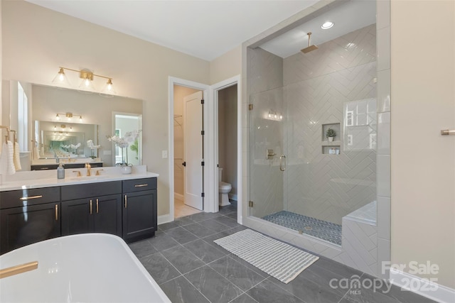 8680 Sherrills Ford Rd, Sherrills Ford, NC 28673 - full bath with a shower stall, a soaking tub, vanity, and tile patterned flooring