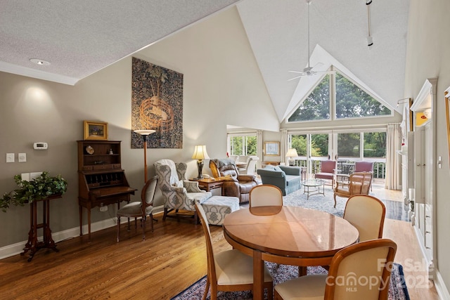 104 Overlook Dr, Flat Rock, NC 28731 - dining space featuring wood finished floors, a ceiling fan, high vaulted ceiling, and a textured ceiling