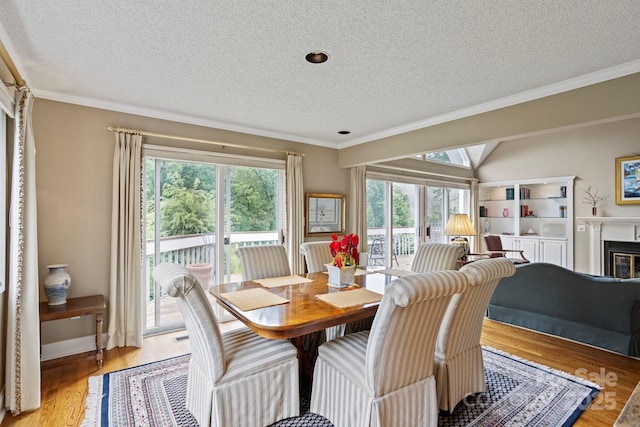 104 Overlook Dr, Flat Rock, NC 28731 - dining room with a textured ceiling, healthy amount of natural light, ornamental molding, light wood-style floors, and a glass covered fireplace