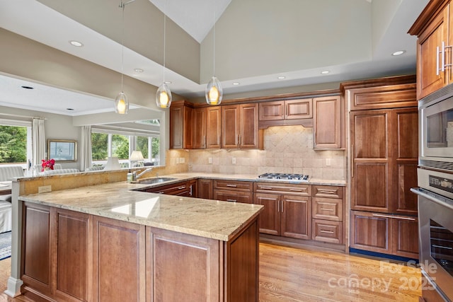 104 Overlook Dr, Flat Rock, NC 28731 - kitchen with stainless steel appliances, a peninsula, light wood-style floors, light stone counters, and lofted ceiling