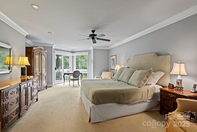 104 Overlook Dr, Flat Rock, NC 28731 - bedroom featuring access to exterior, ornamental molding, light carpet, ceiling fan, and recessed lighting