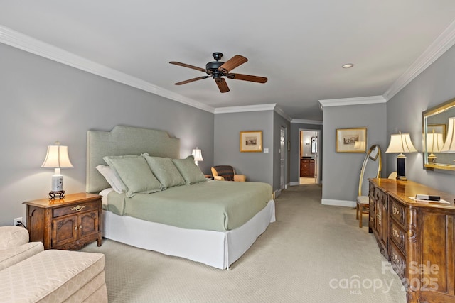 104 Overlook Dr, Flat Rock, NC 28731 - bedroom featuring light colored carpet, crown molding, a ceiling fan, and ensuite bath