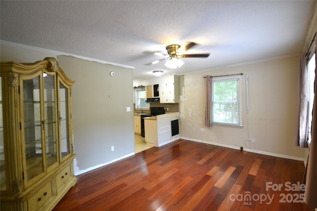 416 E Union St, Marshville, NC 28103 - unfurnished living room with ornamental molding, wood finished floors, ceiling fan, and a textured ceiling