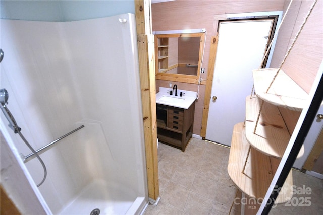 416 E Union St, Marshville, NC 28103 - bathroom featuring vanity, a walk in shower, and tile patterned flooring