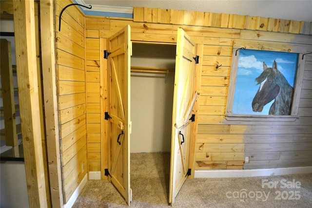 416 E Union St, Marshville, NC 28103 - unfurnished bedroom featuring carpet floors, wood walls, and a closet