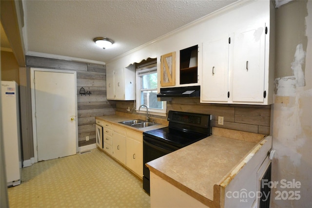 416 E Union St, Marshville, NC 28103 - kitchen featuring black electric range oven, under cabinet range hood, crown molding, wood walls, and freestanding refrigerator