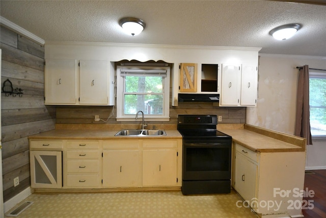416 E Union St, Marshville, NC 28103 - kitchen featuring black / electric stove, ornamental molding, plenty of natural light, a textured ceiling, and range hood