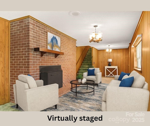 128 Howie St, Mount Holly, NC 28120 - living room featuring a chandelier, stairway, wood walls, and carpet flooring