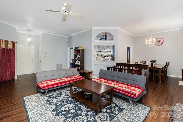 9520 Marshbrooke Rd, Matthews, NC 28105 - living room with a chandelier, wood finished floors, crown molding, and ceiling fan