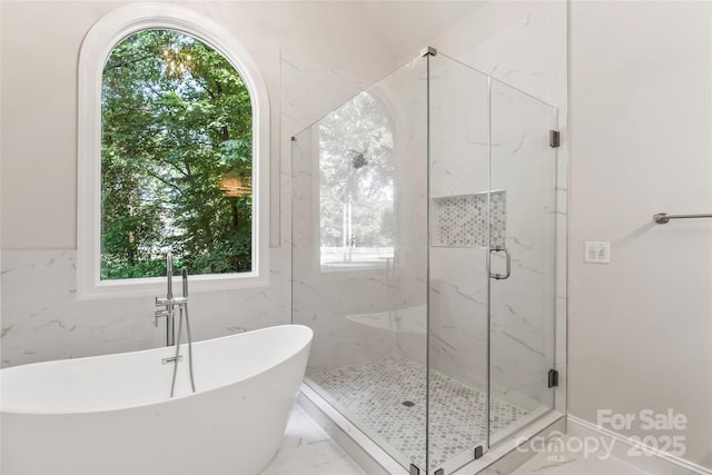 3011 Mckee Rd, Charlotte, NC 28270 - bathroom with a soaking tub, plenty of natural light, a marble finish shower, and marble finish floors