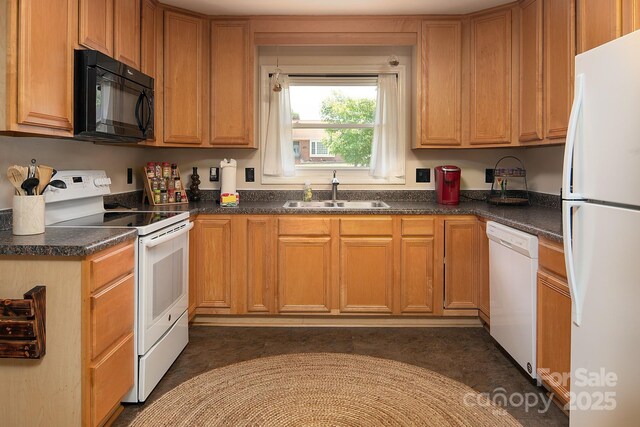 5922 Sullins Rd, Charlotte, NC 28214 - kitchen featuring white appliances and dark countertops